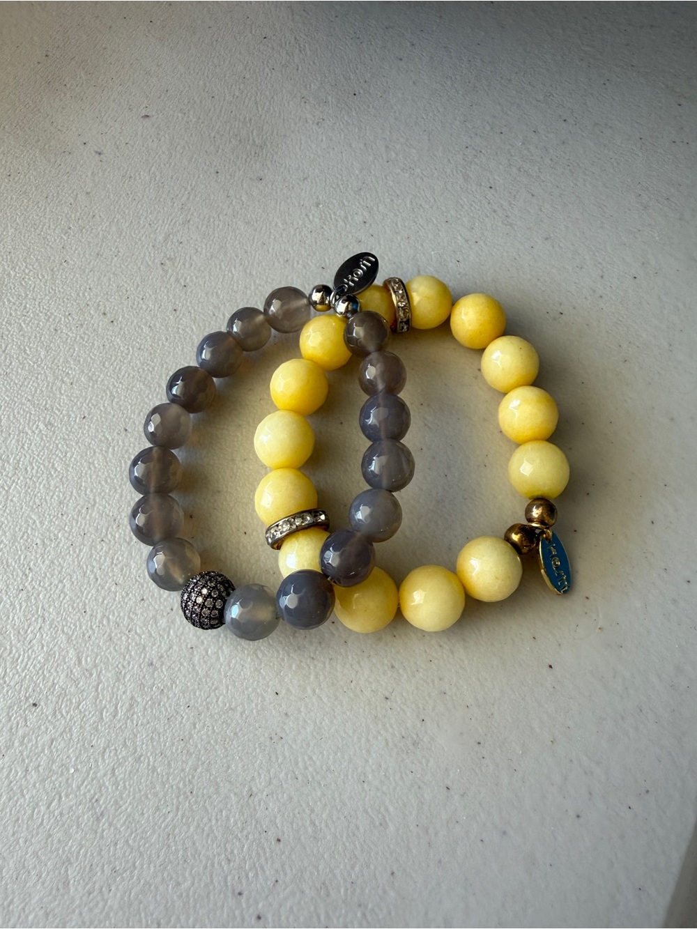 Kosh Yellow and Gray Beaded Stretch Bracelet Set - Polished Gemstone Style